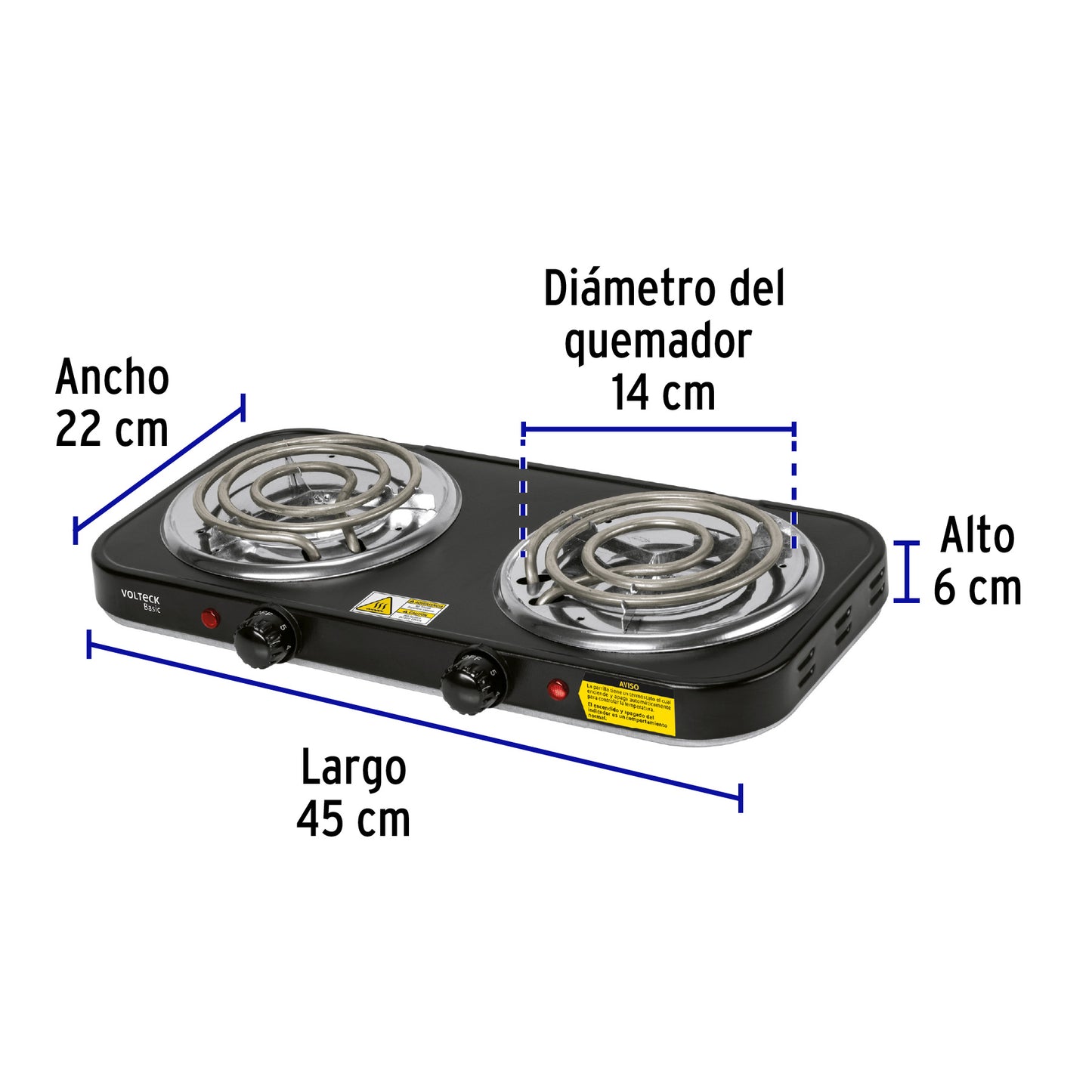 Parrilla eléctrica 2 quemadores en espiral, negra, BASIC | PAEL-2CPN | 26092