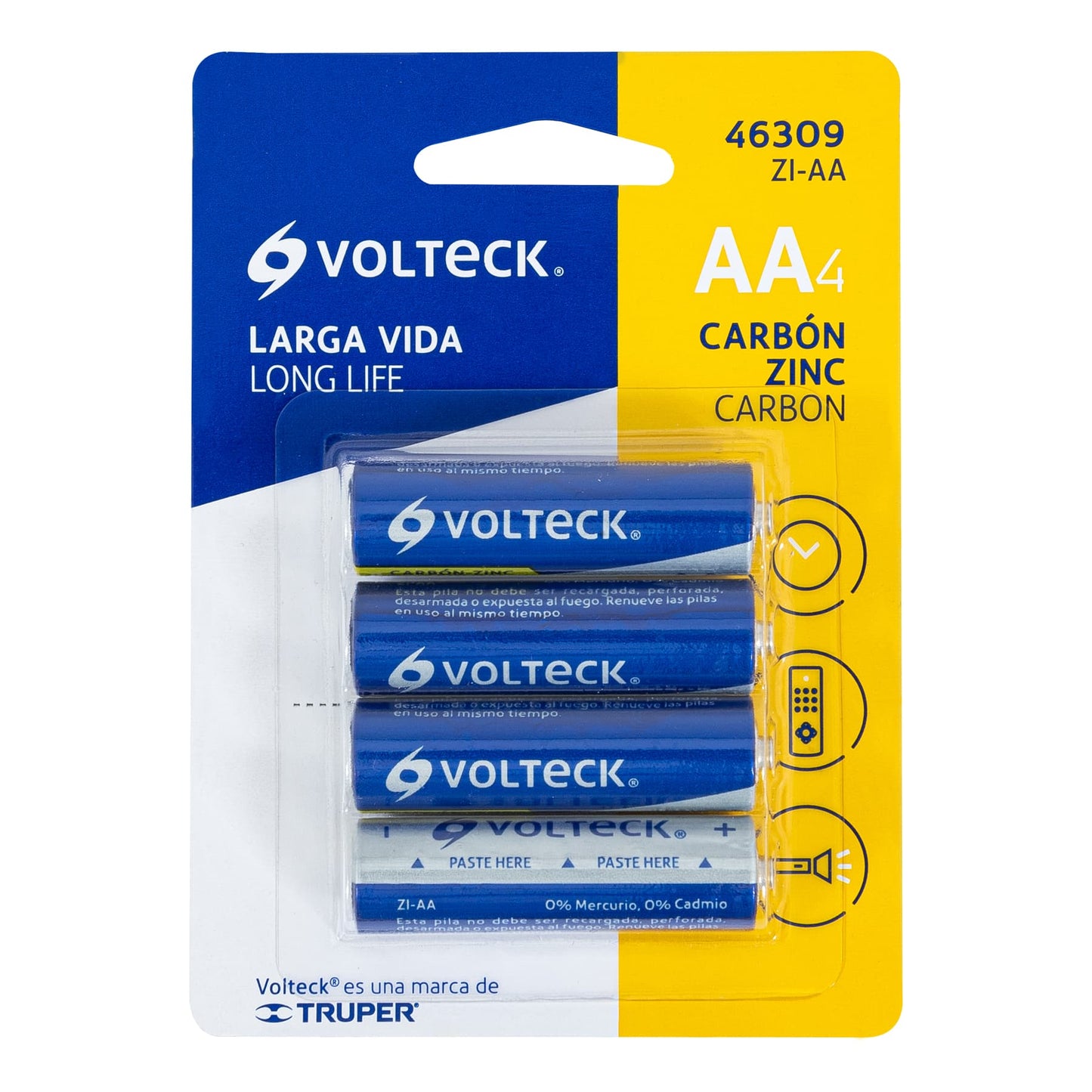 Blíster con 4 pilas zinc-carbón AA, VOLTECK | ZI-AA | 46309