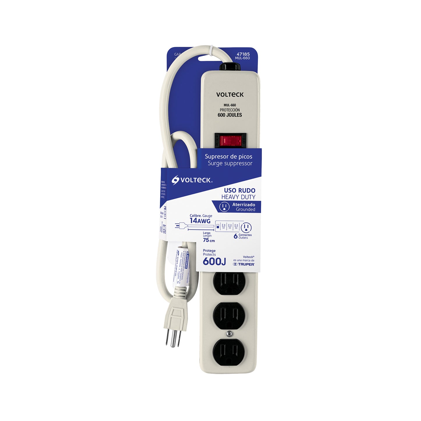 Multicontacto 14 AWG 6 entradas supresor de picos 600 joules | MUL-660 | 47185