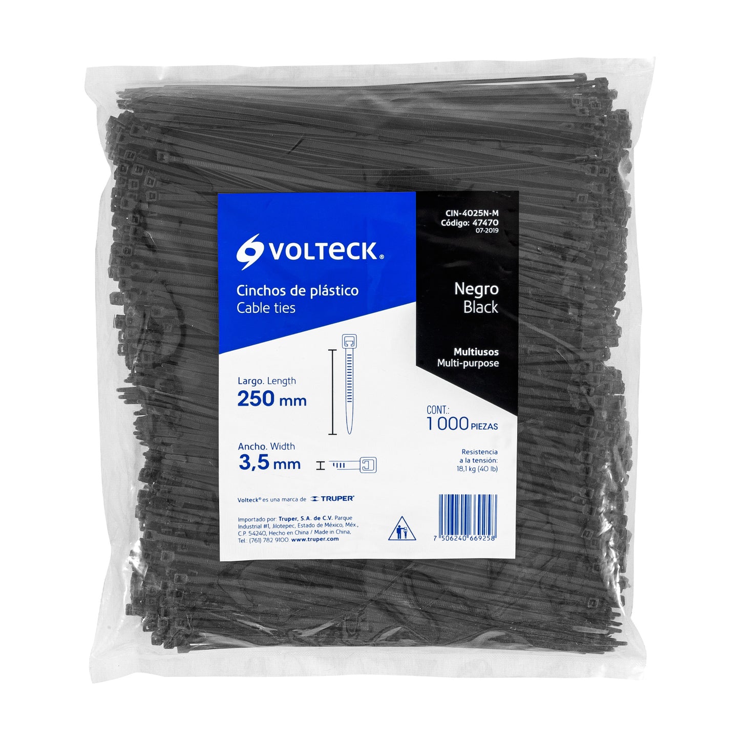 Bolsa con 1000 cinchos plásticos 40 lb, 250x3.5 mm, negros | CIN-4025N-M | 47470