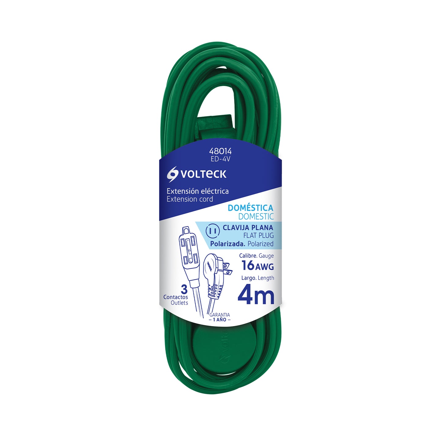Extensión eléctrica doméstica 4 m clavija plana, verde | ED-4V | 48014