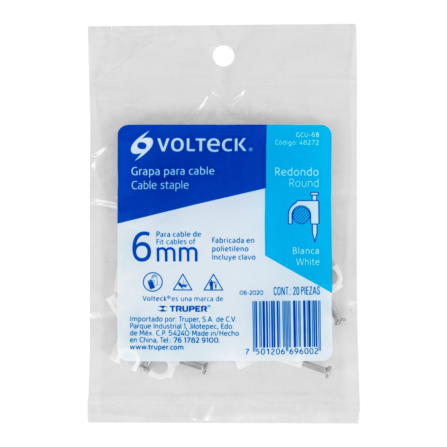 Bolsa con 20 grapas blancas de 6 mm para cable redondo | GCU-6B | 48272