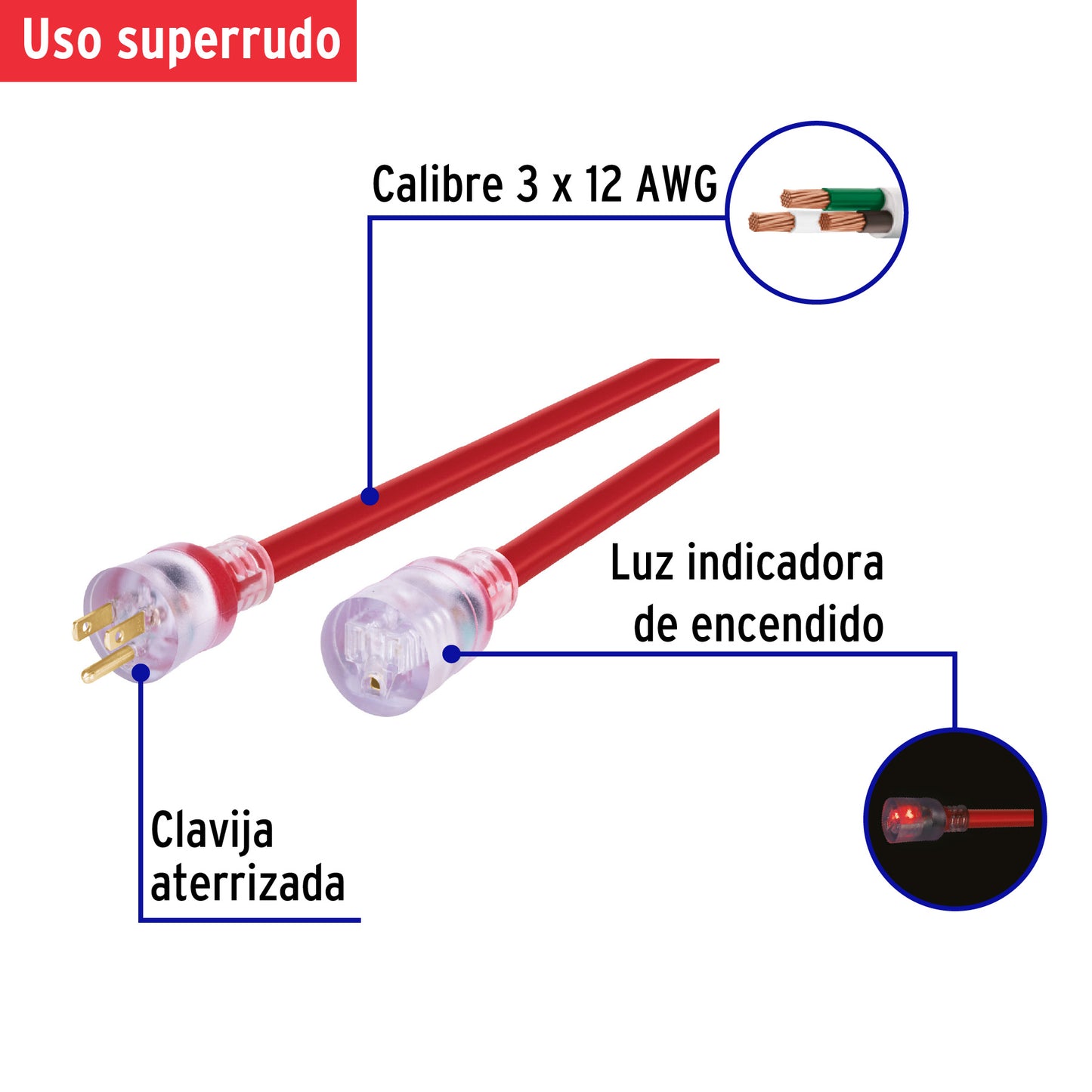 Extensión de uso súper rudo aterrizada 8 m. calibre 12 | ERA-8X12 | 48299