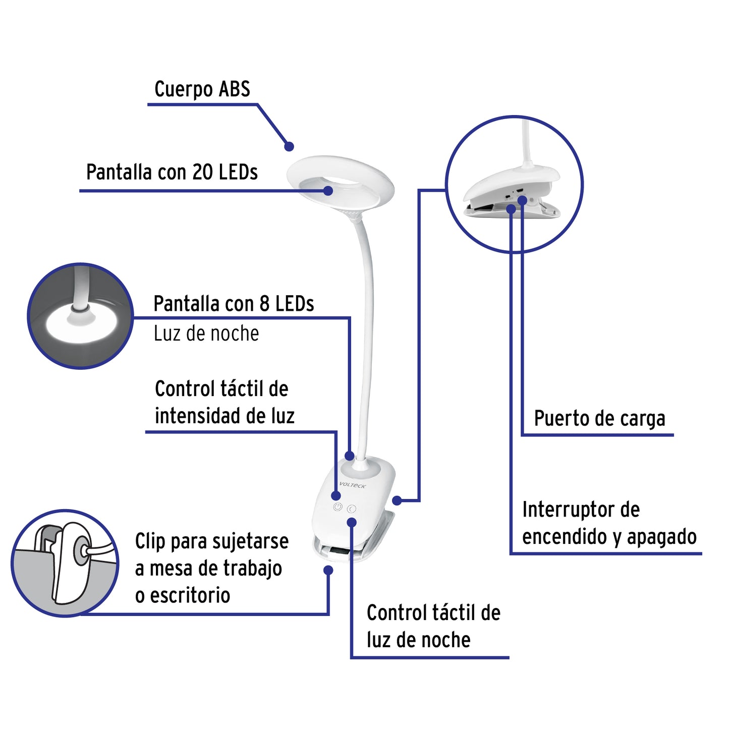Lámpara escritorio LED 4 W recargable c/clip, 3 intensidades | LES-40L | 49201