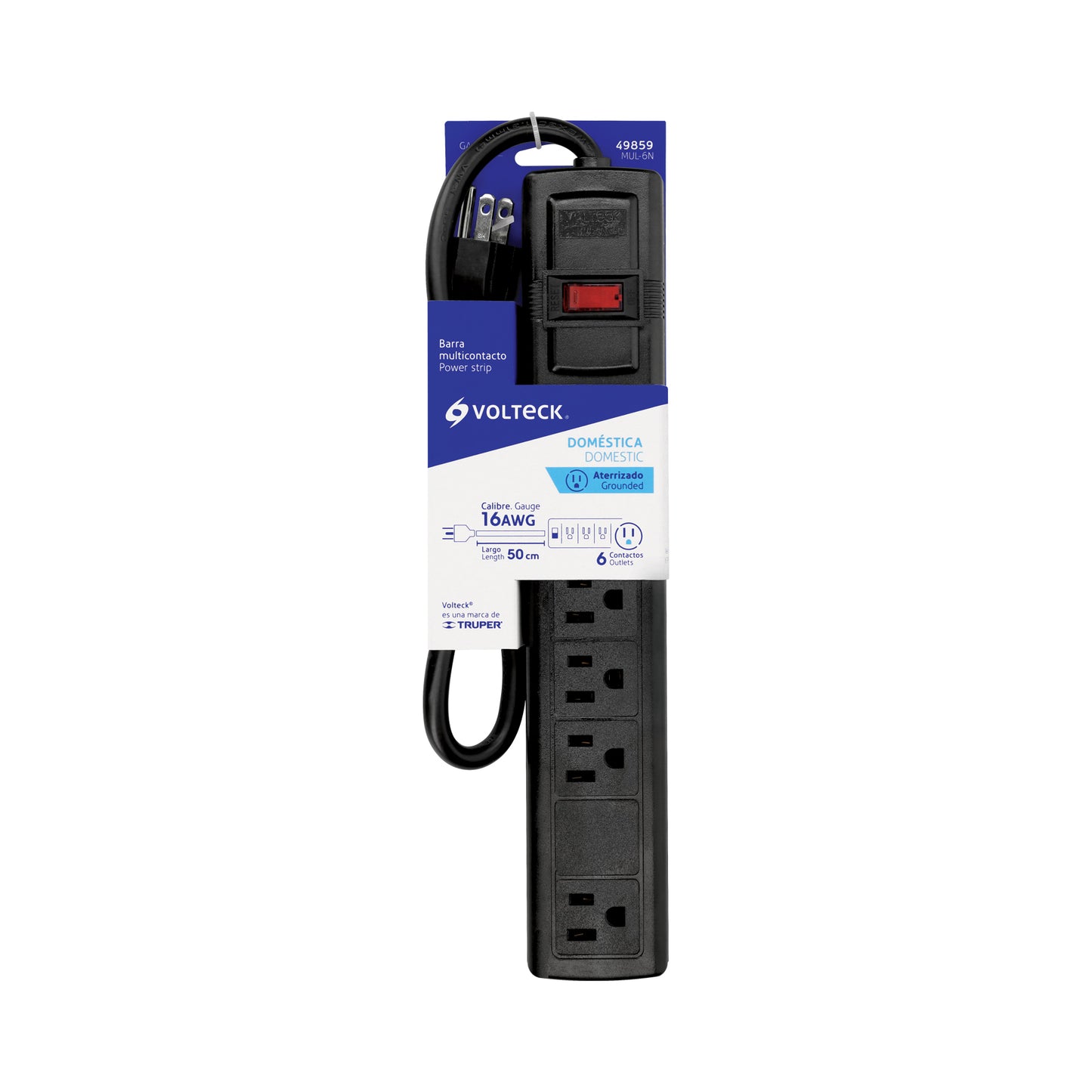 Multicontacto 16 AWG doméstico con 6 entradas, negro Volteck | MUL-6N | 49859