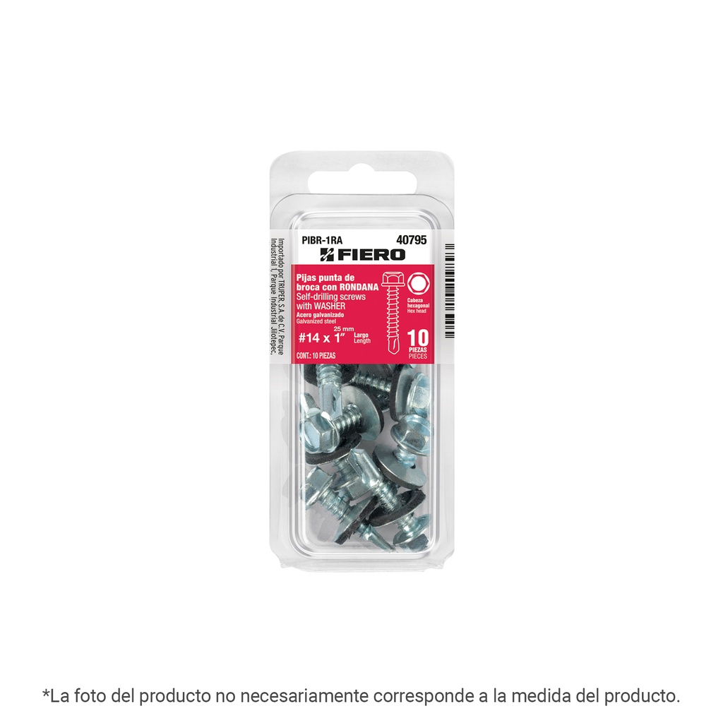 PIBR-1RA | Blíster con 10 pijas 1' hexagonal punta broca con rondana