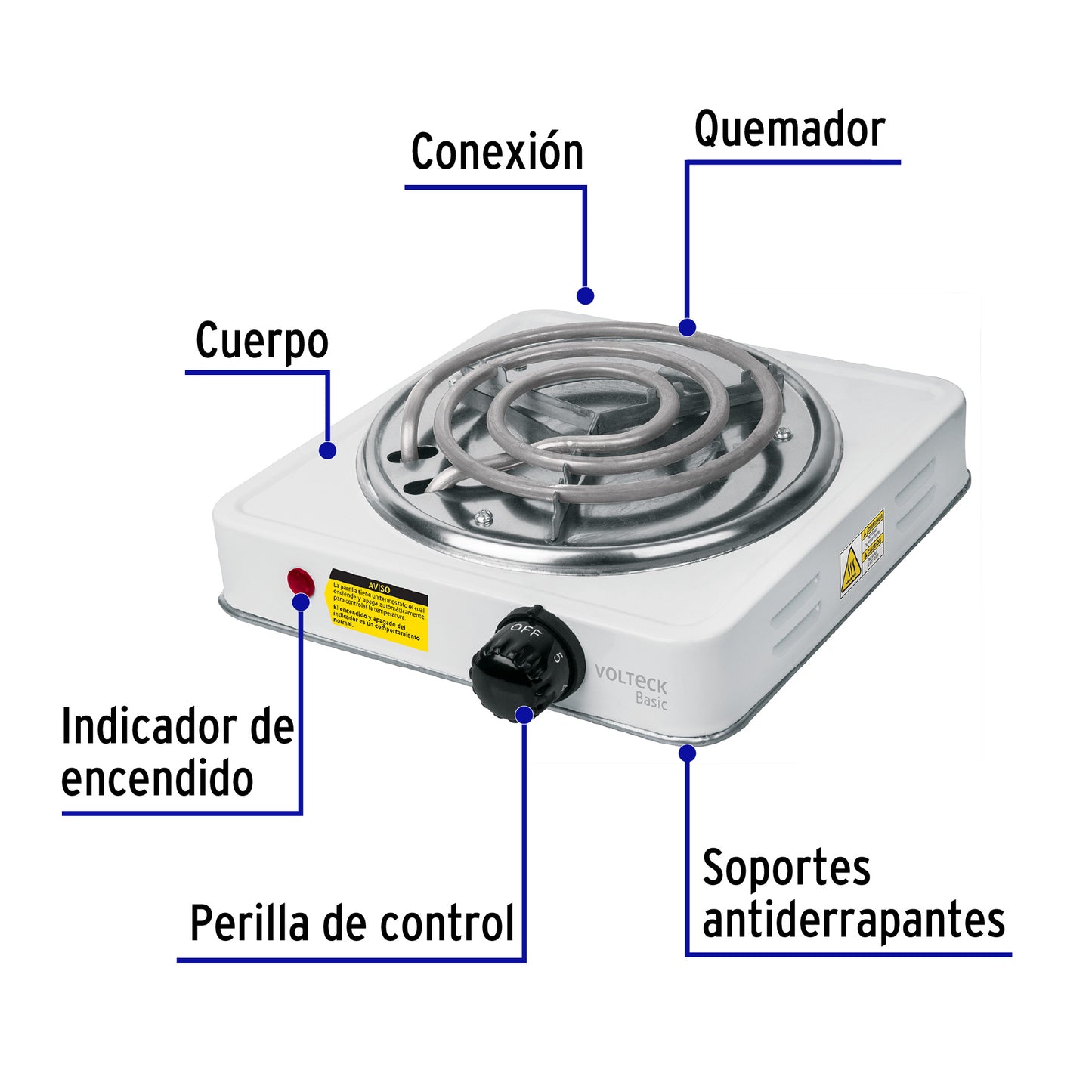 Parrilla eléctrica 1 quemador en espiral, blanca, BASIC | PAEL-1CP | 23031