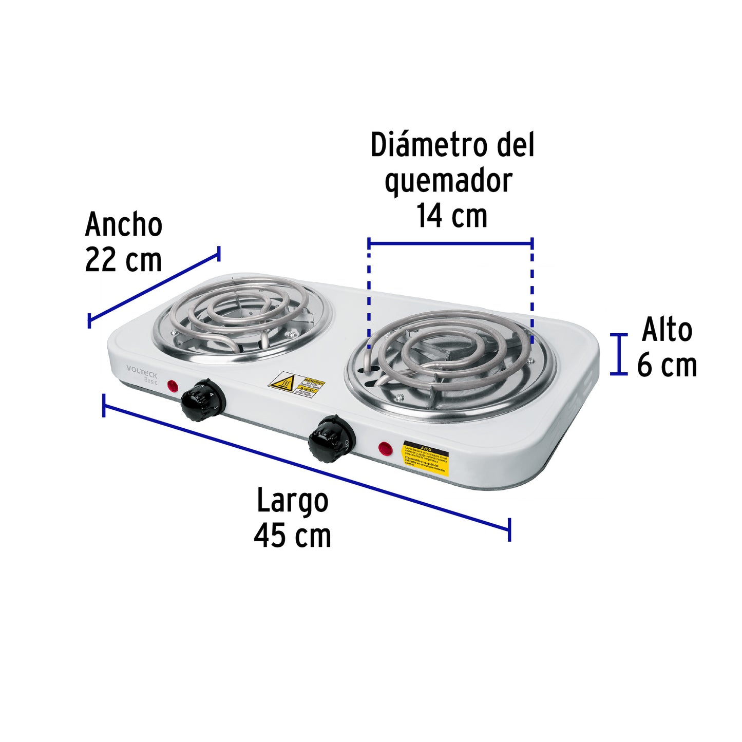 Parrilla eléctrica 2 quemadores en espiral, blanca, BASIC | PAEL-2CP | 23032