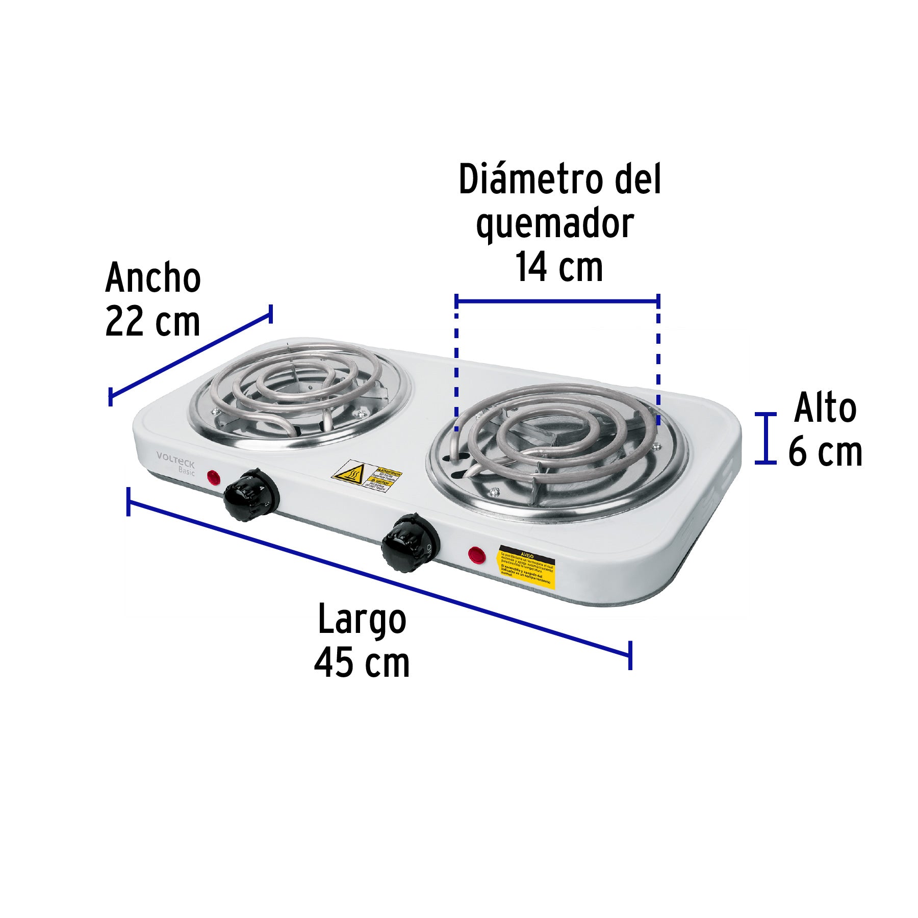Parrilla eléctrica 2 quemadores en espiral, blanca, BASIC | PAEL-2CP | 23032