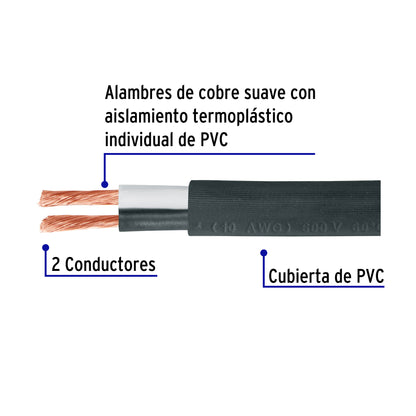 Metro de cable uso extra rudo 2 x 10 AWG en rollo de 100 m | CAUR-210 | 40002