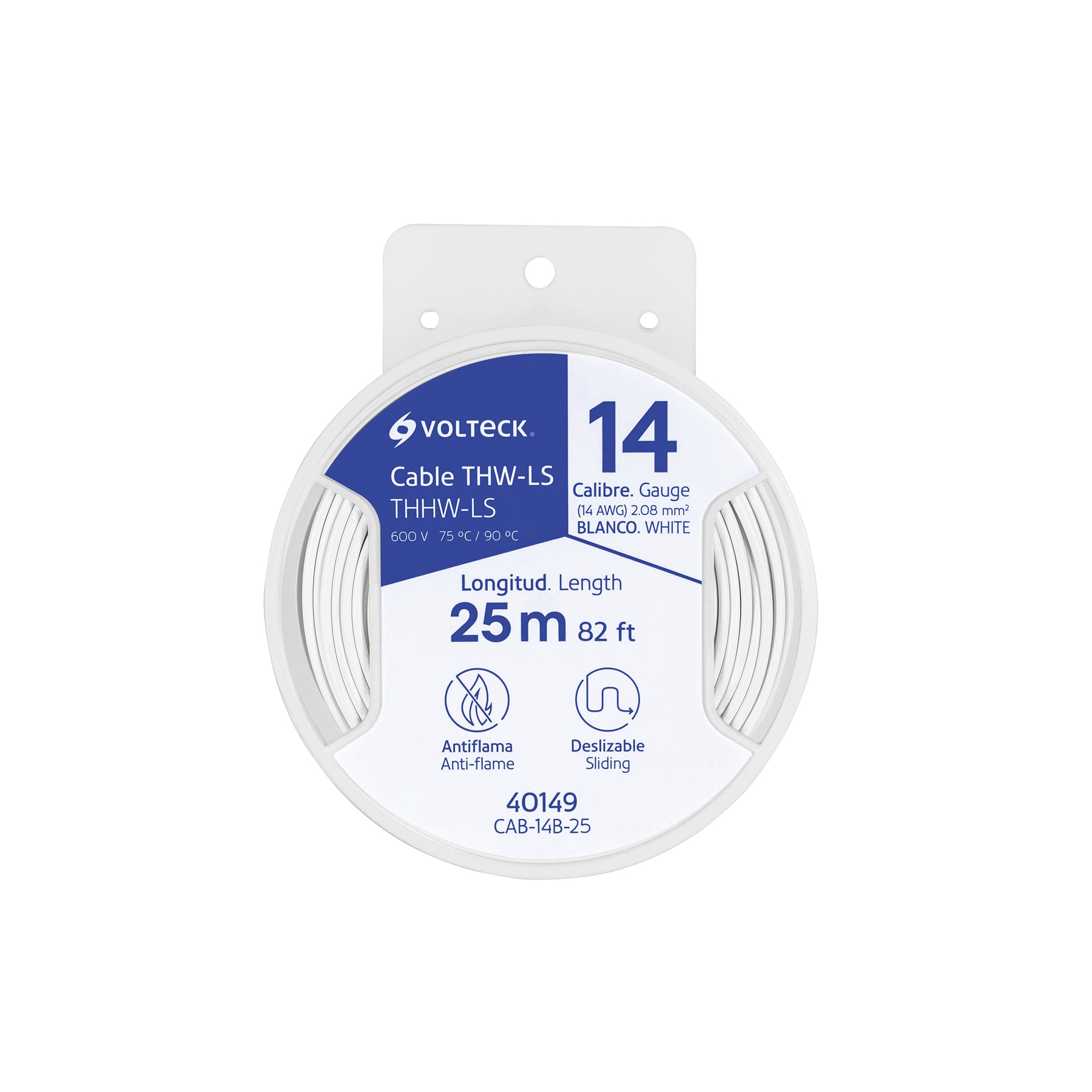 Carrete con 25 m de cable THHW-LS 14 AWG blanco, Volteck | CAB-14B-25 | 40149