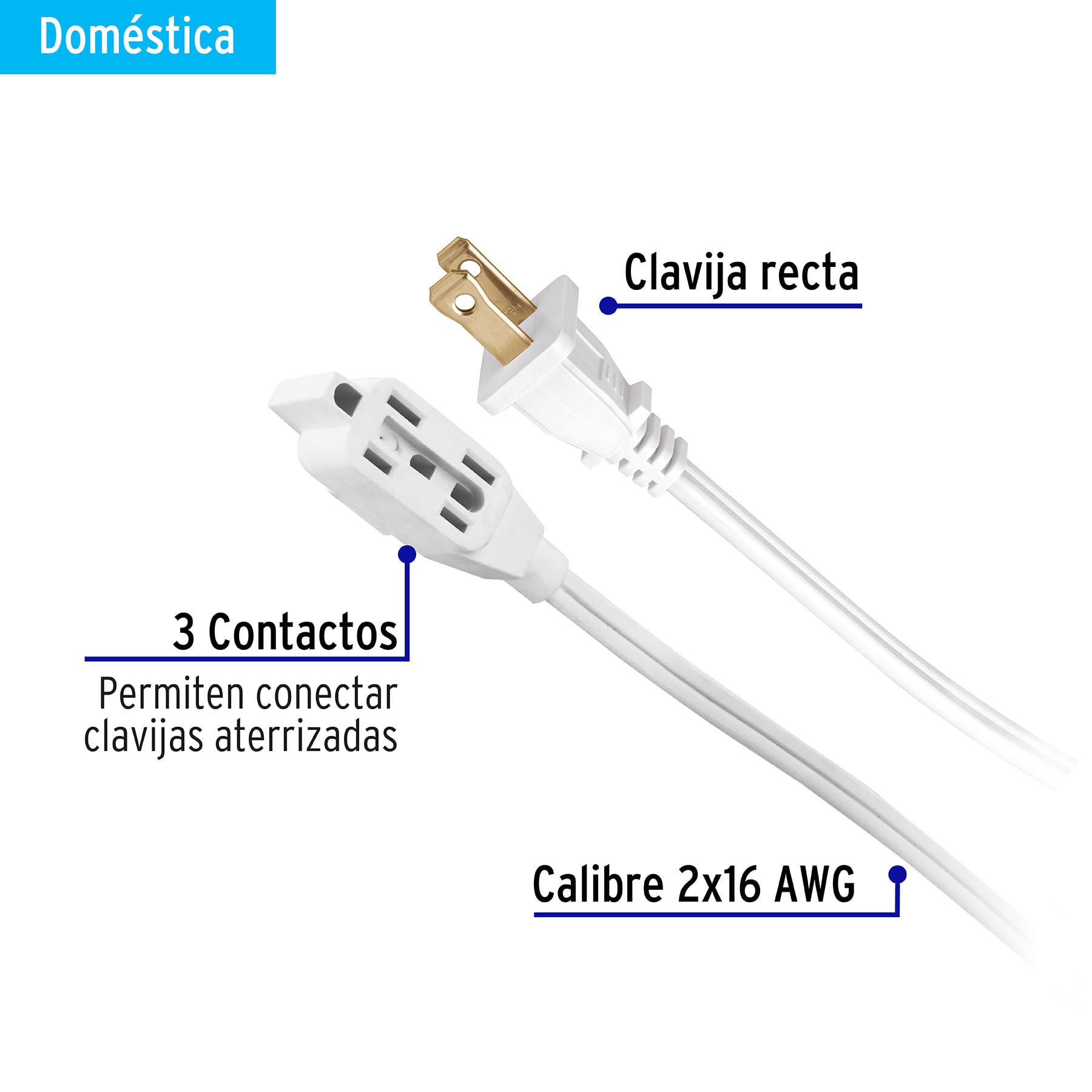 Extensión eléctrica doméstica 5 m clavija recta, blanca | ED-5BR | 40154