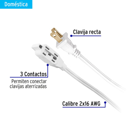 Extensión eléctrica doméstica 5 m clavija recta, blanca | ED-5BR | 40154