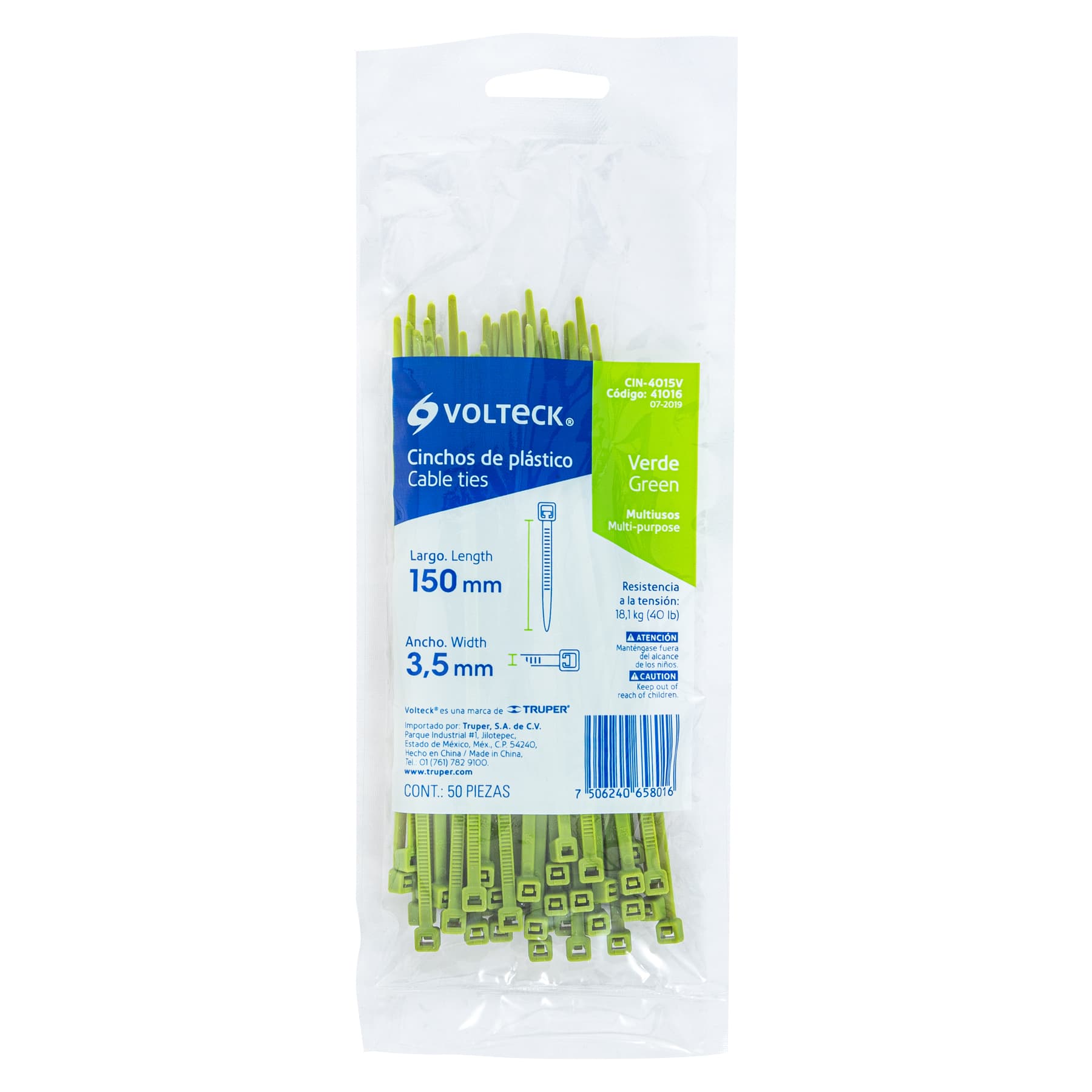 Bolsa con 50 cinchos plásticos 40 lb, 150 x 3.5 mm, verdes | CIN-4015V | 41016