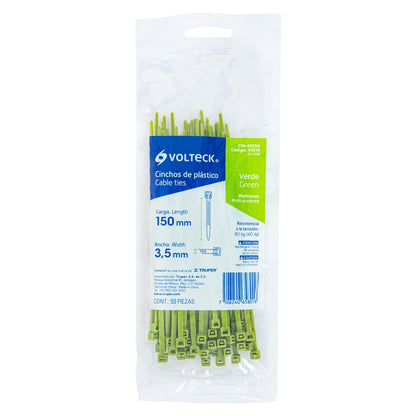 Bolsa con 50 cinchos plásticos 40 lb, 150 x 3.5 mm, verdes | CIN-4015V | 41016