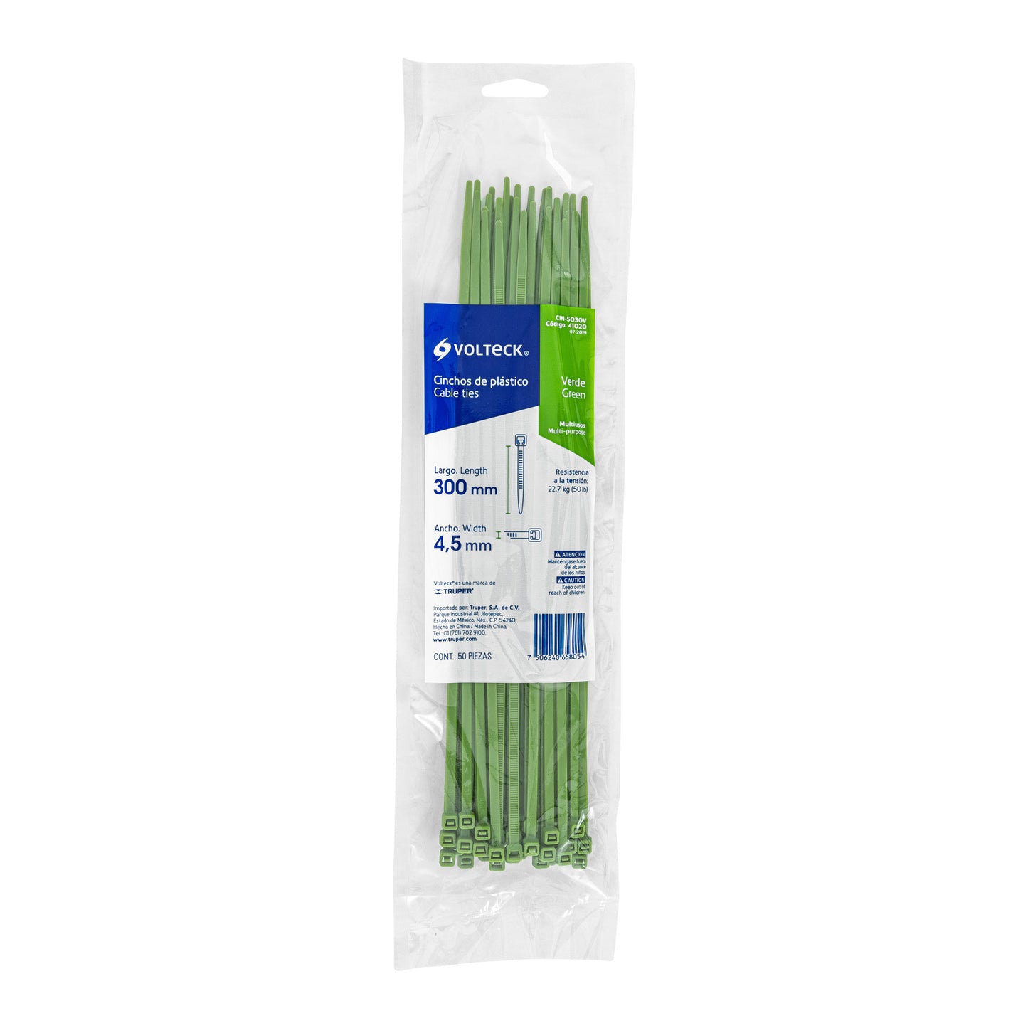 Bolsa con 50 cinchos plásticos 50 lb, 300 x 4.5 mm, verdes | CIN-5030V | 41020
