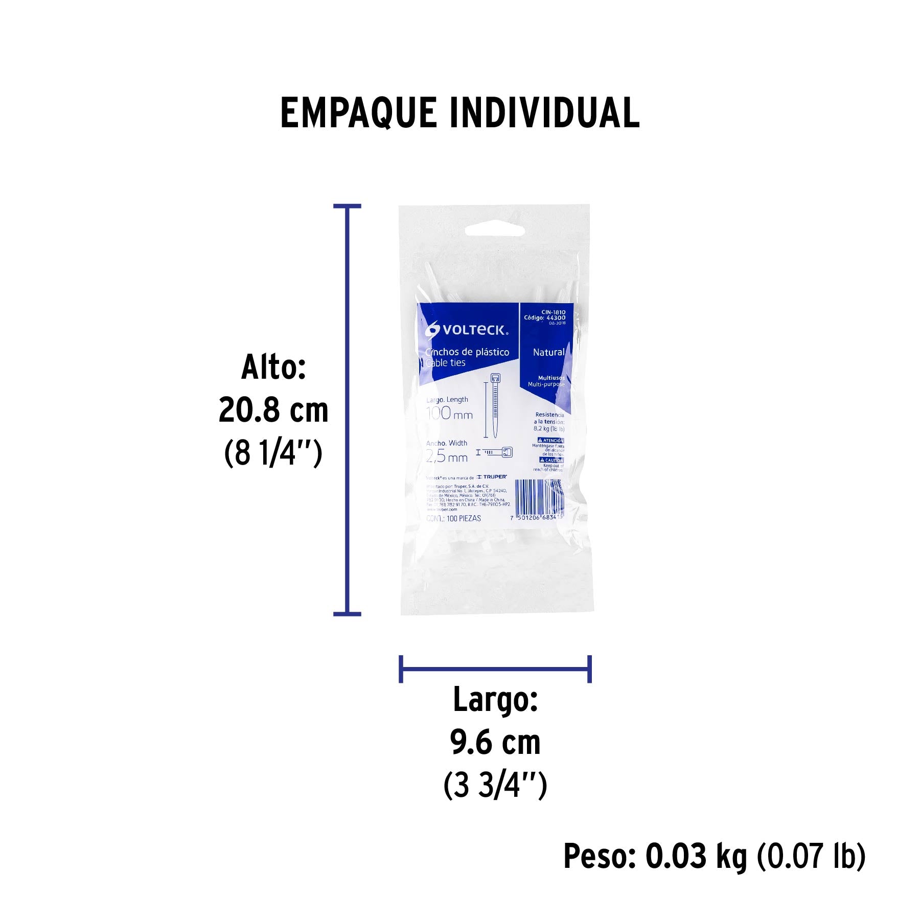 Bolsa con 100 cinchos plásticos 18 lb, 100x2.5 mm, naturales | CIN-1810 | 44300