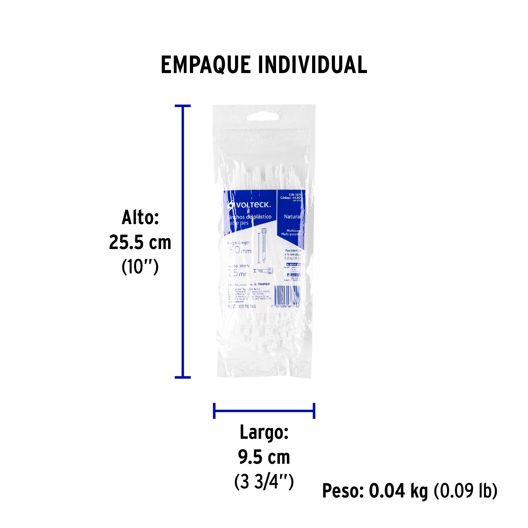 Bolsa con 100 cinchos plásticos 18 lb, 150x2.5 mm, naturales | CIN-1815 | 44301