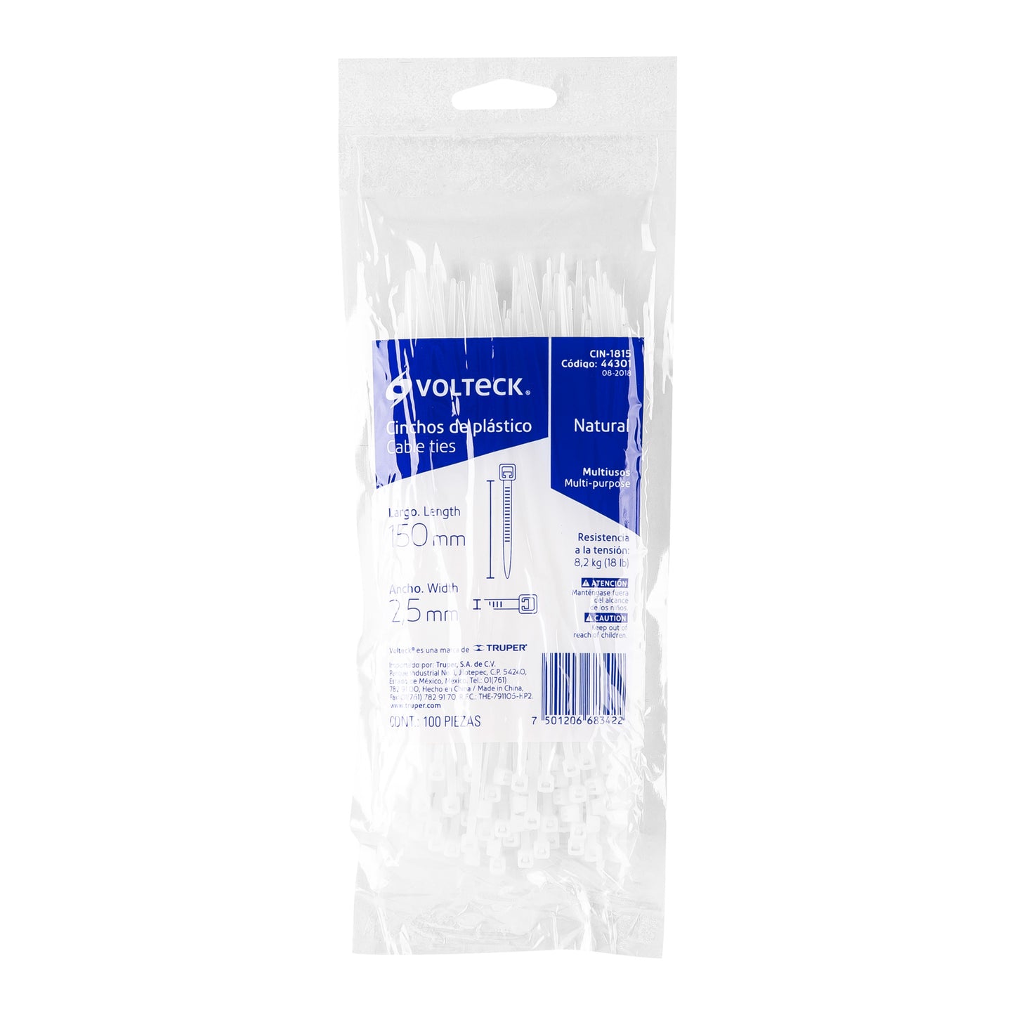Bolsa con 100 cinchos plásticos 18 lb, 150x2.5 mm, naturales | CIN-1815 | 44301