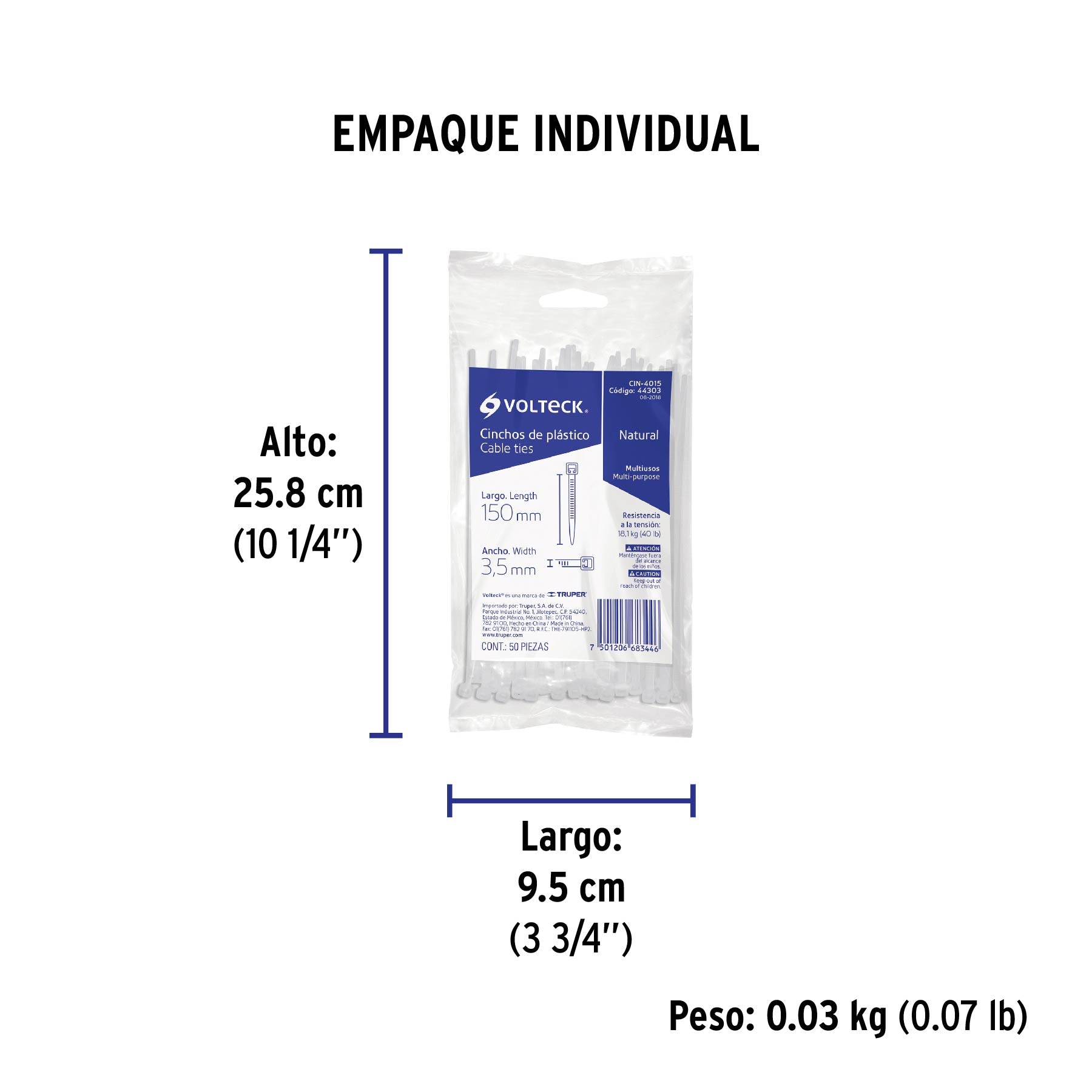 Bolsa con 50 cinchos plásticos 40 lb, 150x3.5 mm, naturales | CIN-4015 | 44303