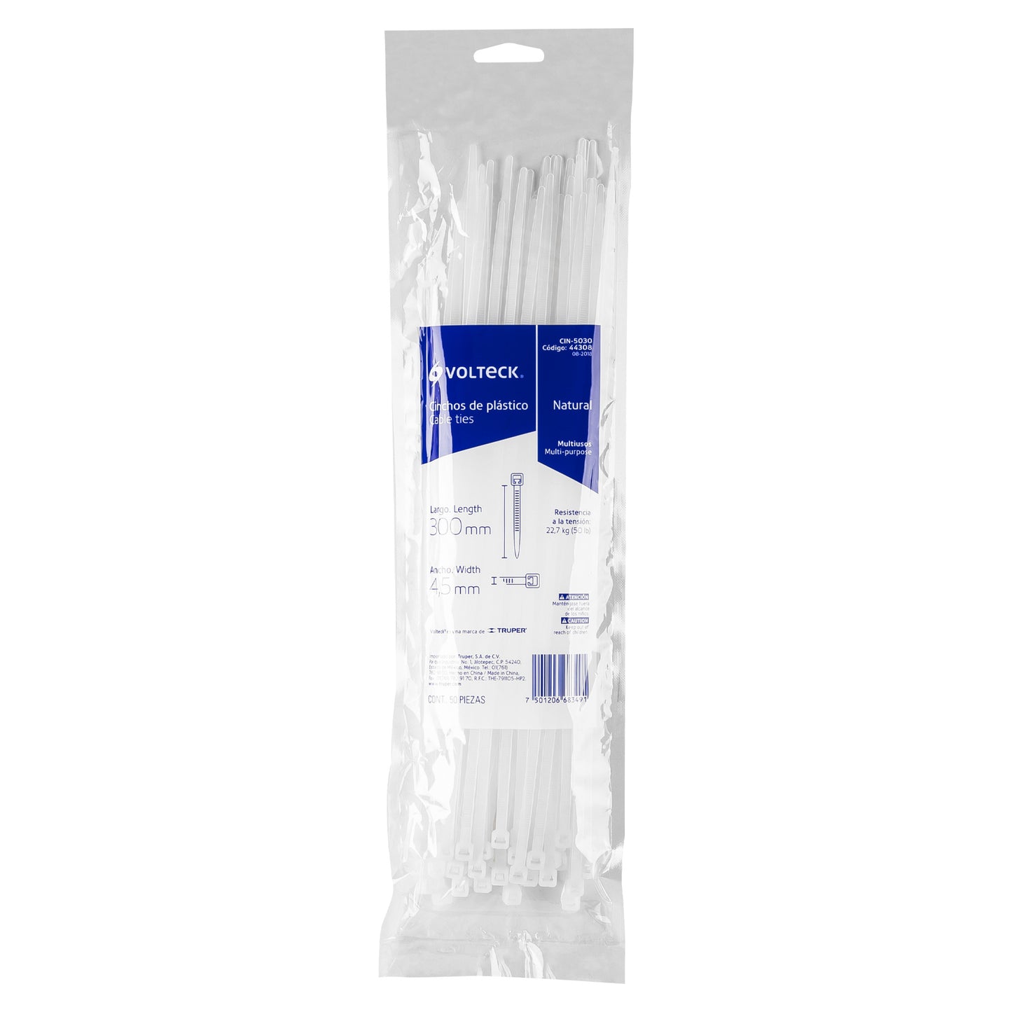 Bolsa con 50 cinchos plásticos 50 lb, 300x4.5 mm, naturales | CIN-5030 | 44308