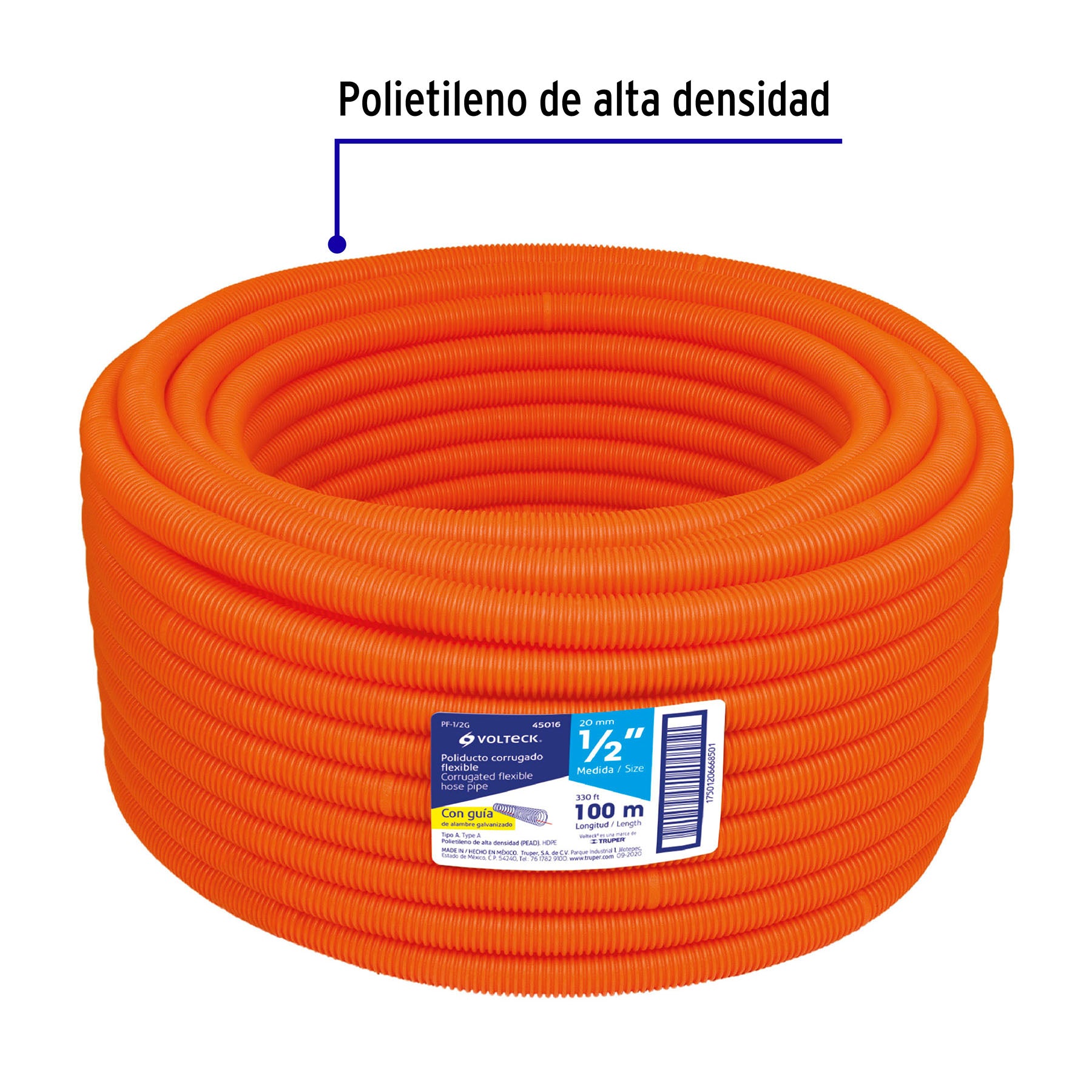 Metro de poliducto 1/2' corrugado flex. c/guía, rollo 100 m | PF-1/2G | 45016