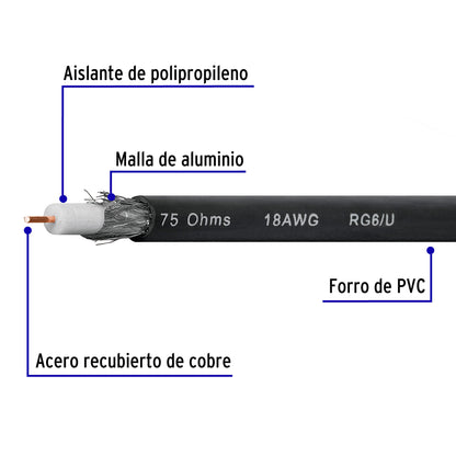 Metro de cable coaxial RG6 en carrete de 500 m, Volteck | CABCO-6500 | 45034