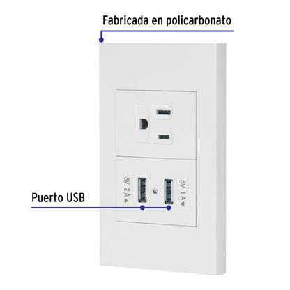 Placa armada 1contacto, 2puertos USB, 1.5mod,Española,blanco | COUSB-EB | 45603