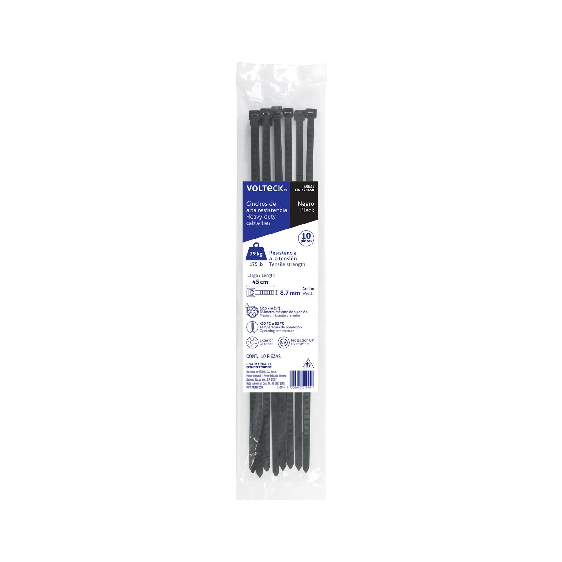 Bolsa con 10 cinchos plásticos 175 lb, 450 x 9 mm, negros | CIN-17545N | 45841