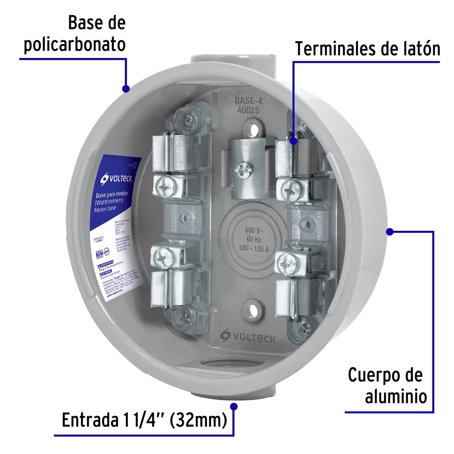 Base para watthorímetro, 4 terminales, Volteck | BASE-4 | 46025