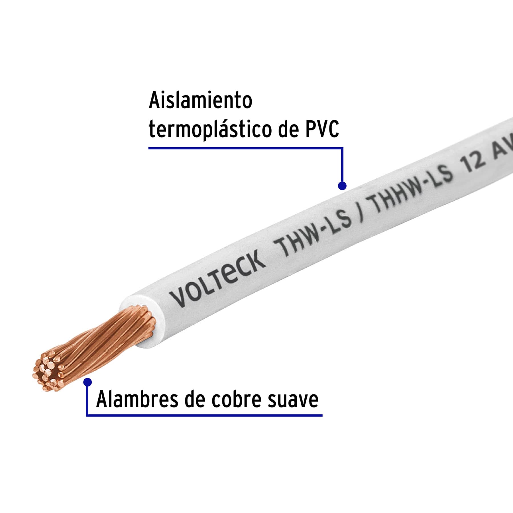 Rollo de 100 m de cable THHW-LS 12 AWG blanco, Volteck | CAB-12B | 46056