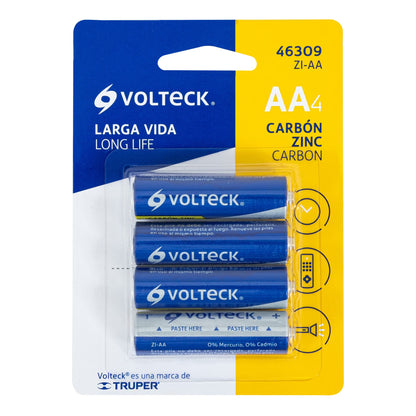 Blíster con 4 pilas zinc-carbón AA, VOLTECK | ZI-AA | 46309
