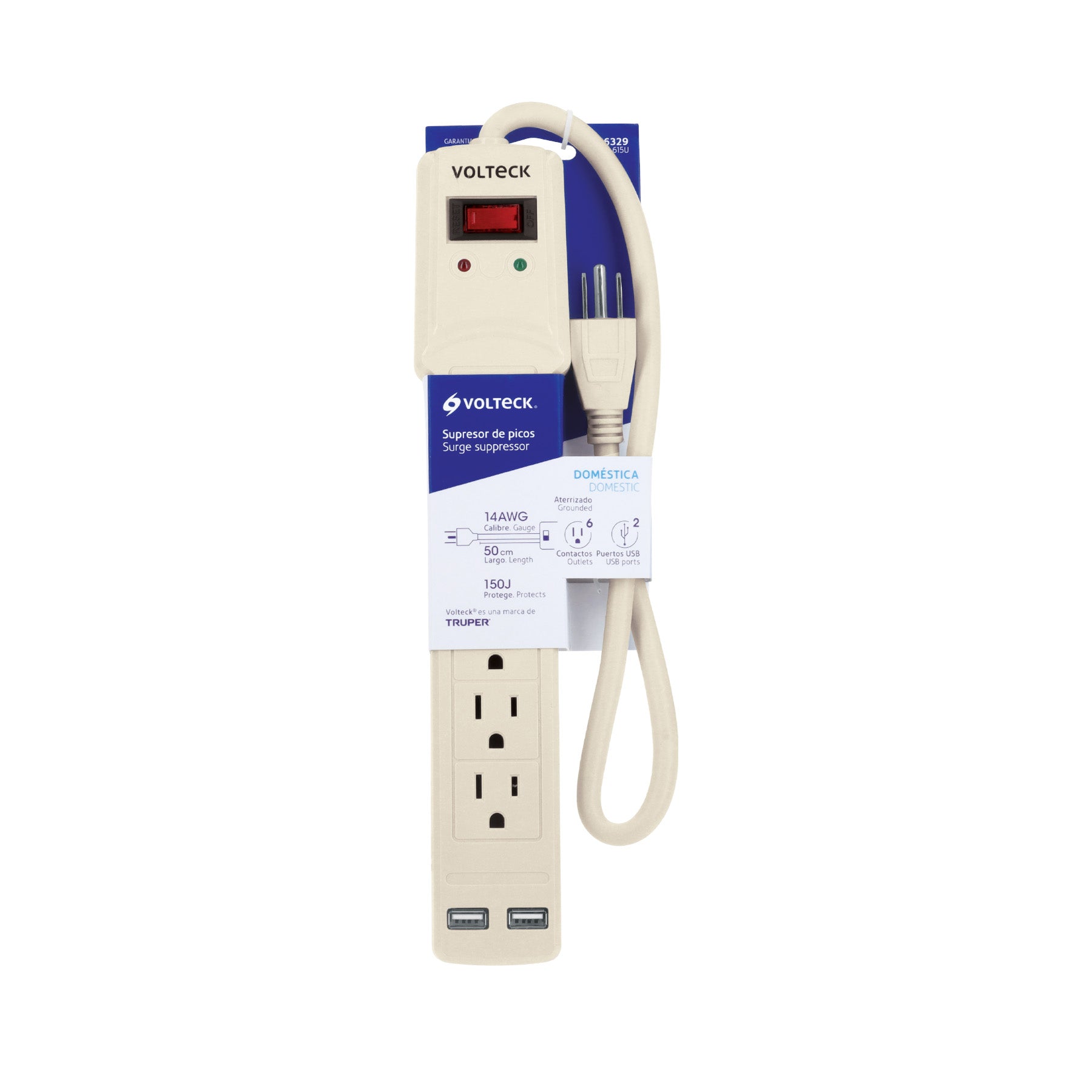 Multicontacto 14 AWG 6 entradas 2 ptos. USB sup. 150J marfil | MUL-615U | 46329