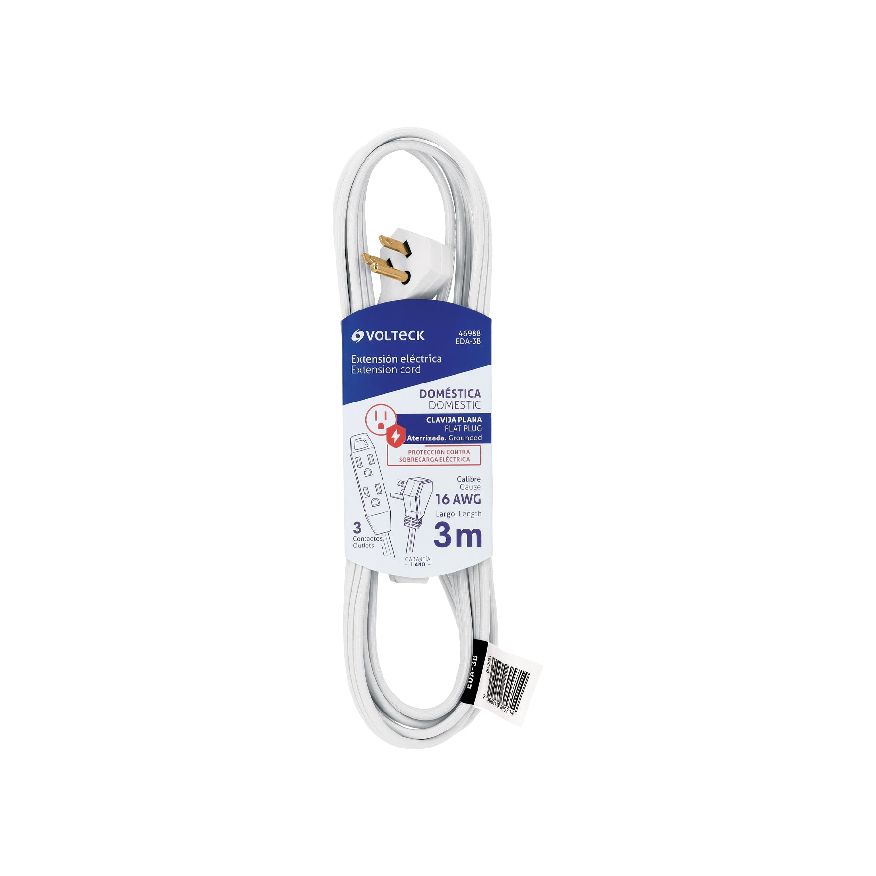 Extensión doméstica aterrizada 3 m blanca con clavija plana | EDA-3B | 46988
