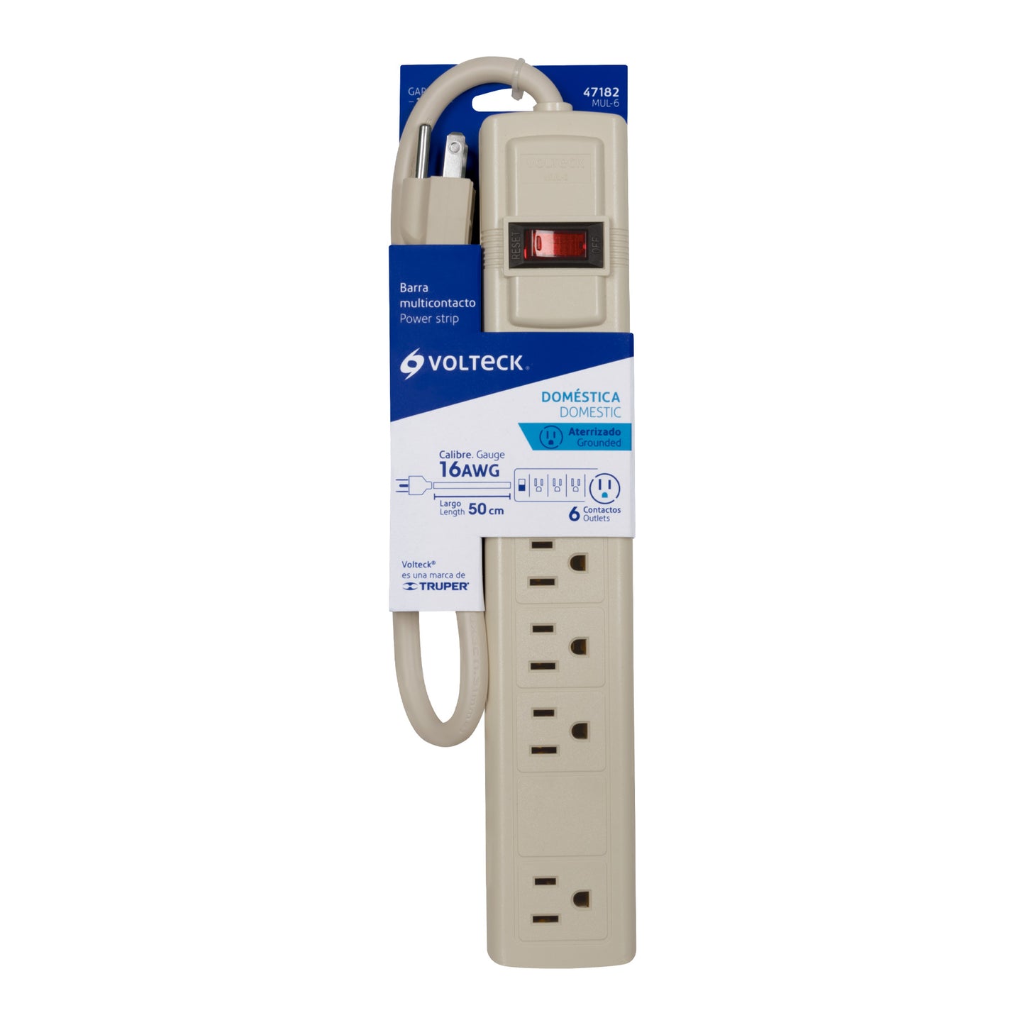 Multicontacto 16 AWG uso rudo con 6 entradas, Volteck | MUL-6 | 47182