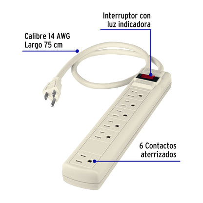 Multicontacto 14 AWG 6 entradas supresor de picos 450 joules | MUL-645 | 47184