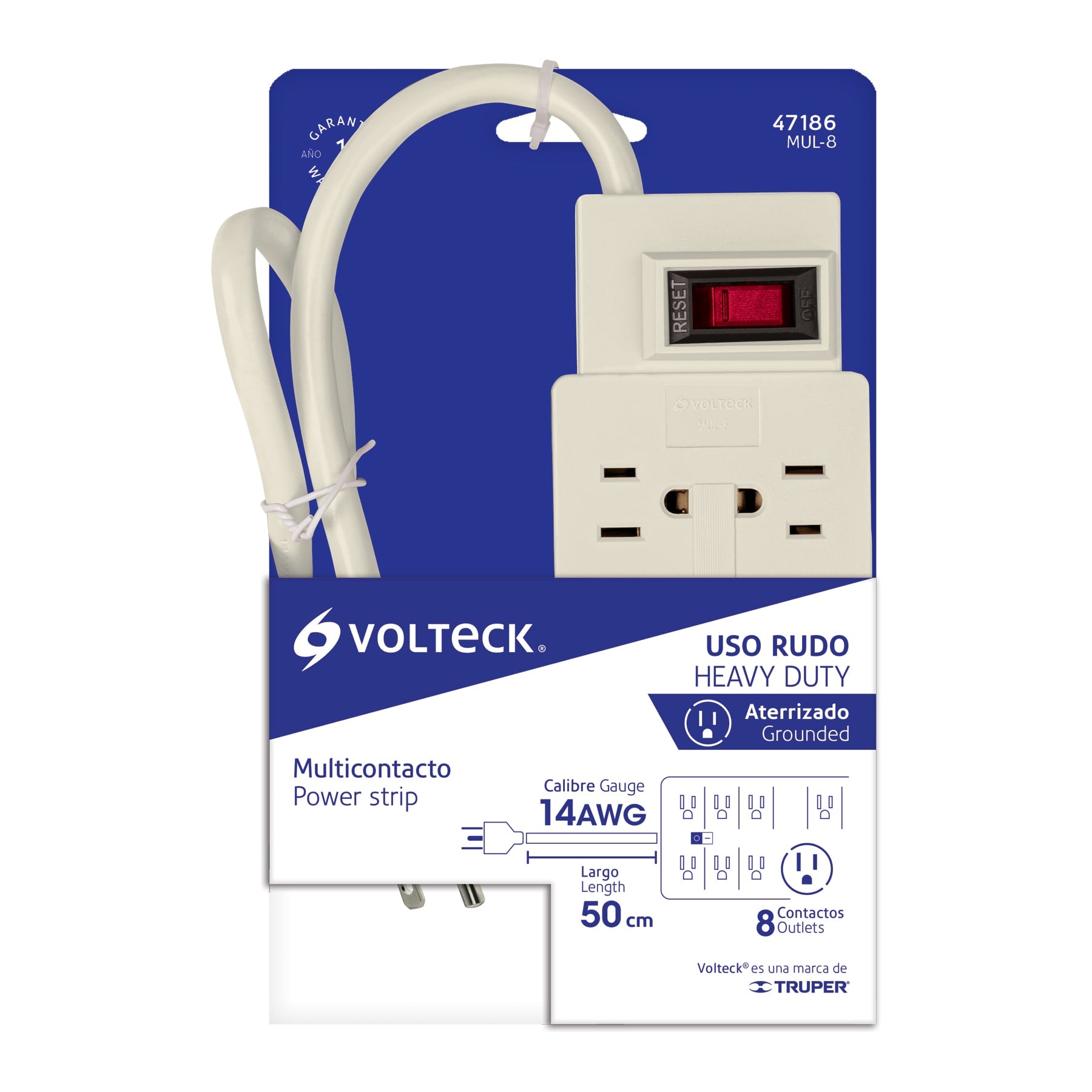 Multicontacto 14 AWG uso rudo con 8 entradas, Volteck | MUL-8 | 47186