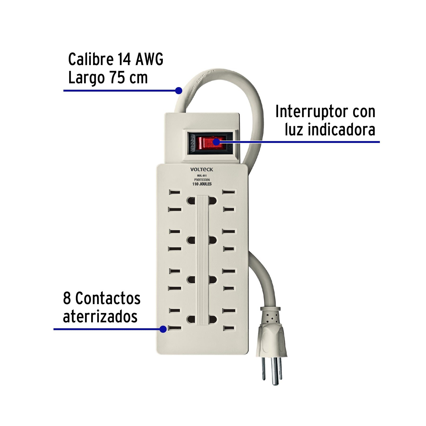 Multicontacto 14 AWG 8 entradas supresor de picos 110 joules | MUL-811 | 47187