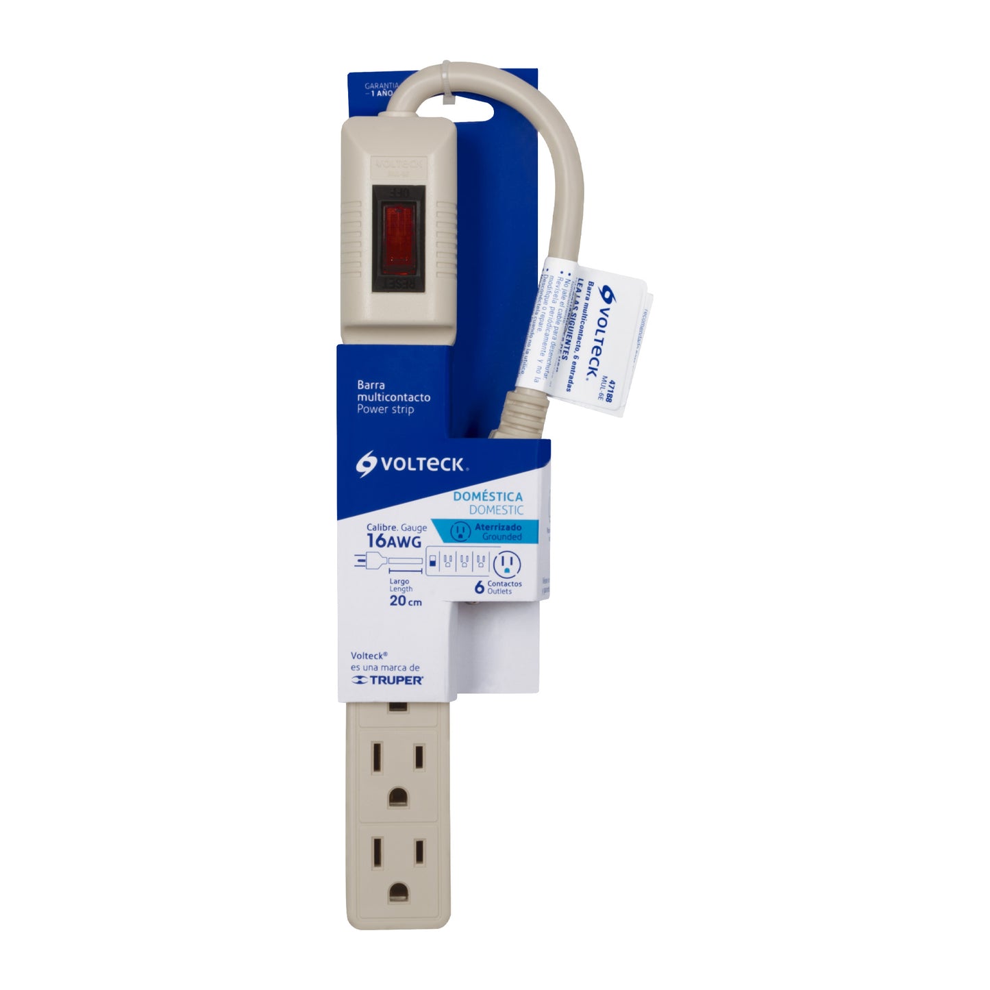 Multicontacto 16 AWG doméstico 6 entradas, Volteck | MUL-6E | 47188