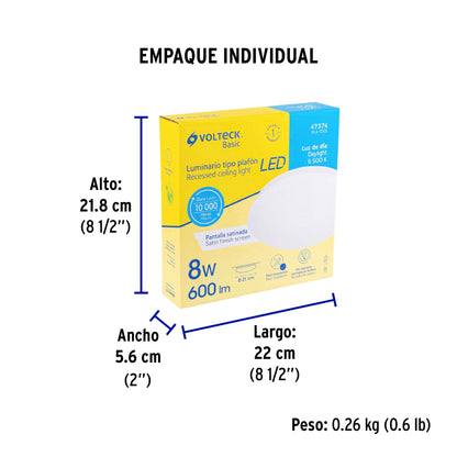 Luminario LED plafón decorativo 8W 6500K, liso, BASIC | PLA-100L | 47374