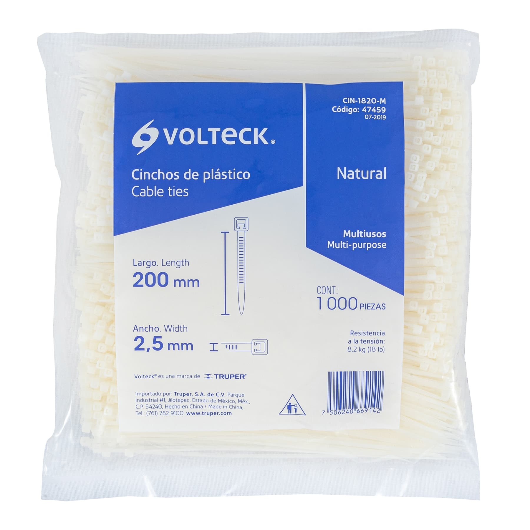 Bolsa con 1000 cinchos plásticos 18lb, 200x2.5 mm, naturales | CIN-1820-M | 47459