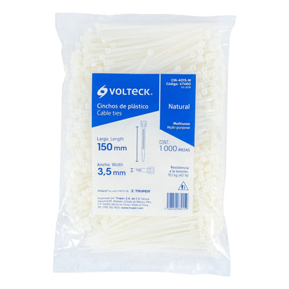Bolsa con 1000 cinchos plásticos 40lb, 150x3.5 mm, naturales | CIN-4015-M | 47460