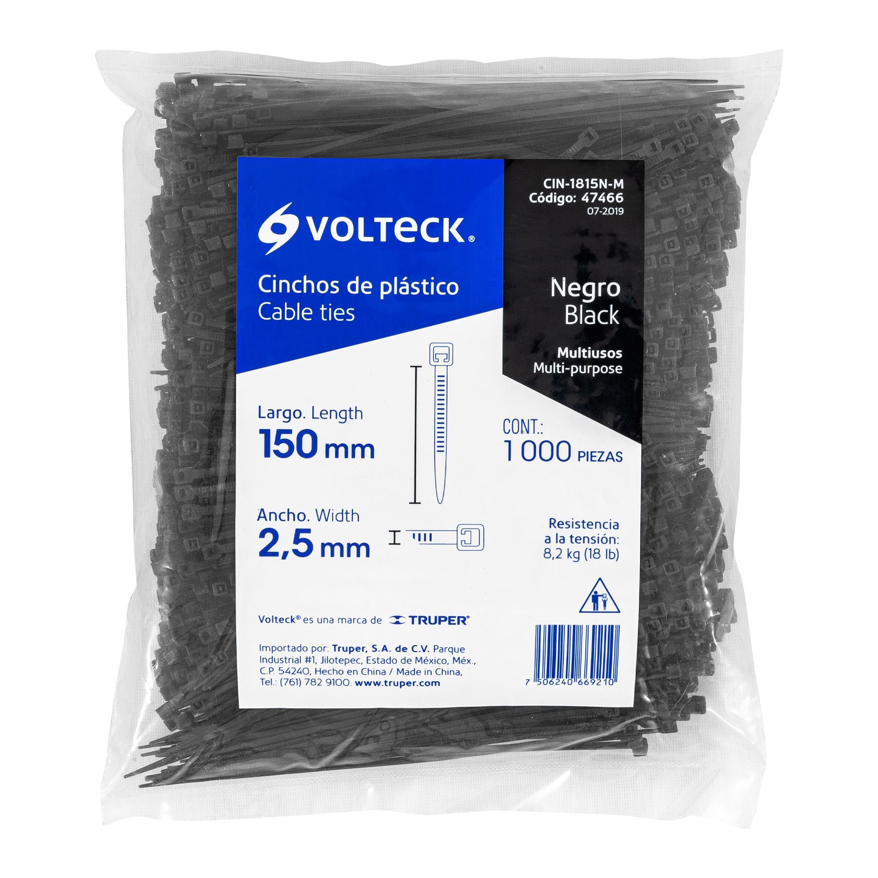 Bolsa con 1000 cinchos plásticos 18 lb, 150x2.5 mm, negros | CIN-1815N-M | 47466