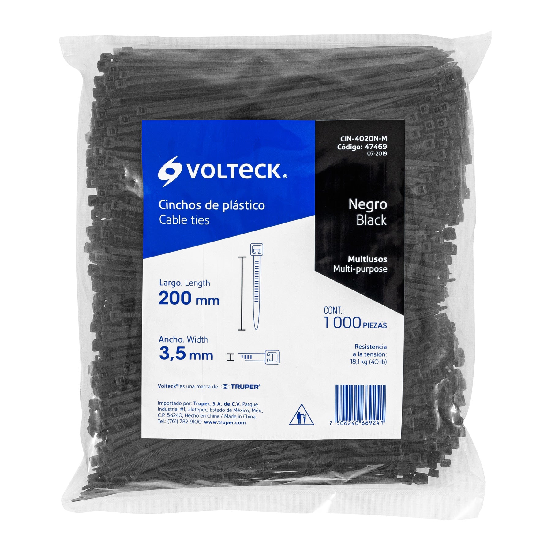 Bolsa con 1000 cinchos plásticos 40 lb, 200x3.5 mm, negros | CIN-4020N-M | 47469