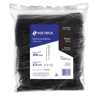 Bolsa con 1000 cinchos plásticos 50 lb, 300x4.5 mm, negros | CIN-5030N-M | 47472