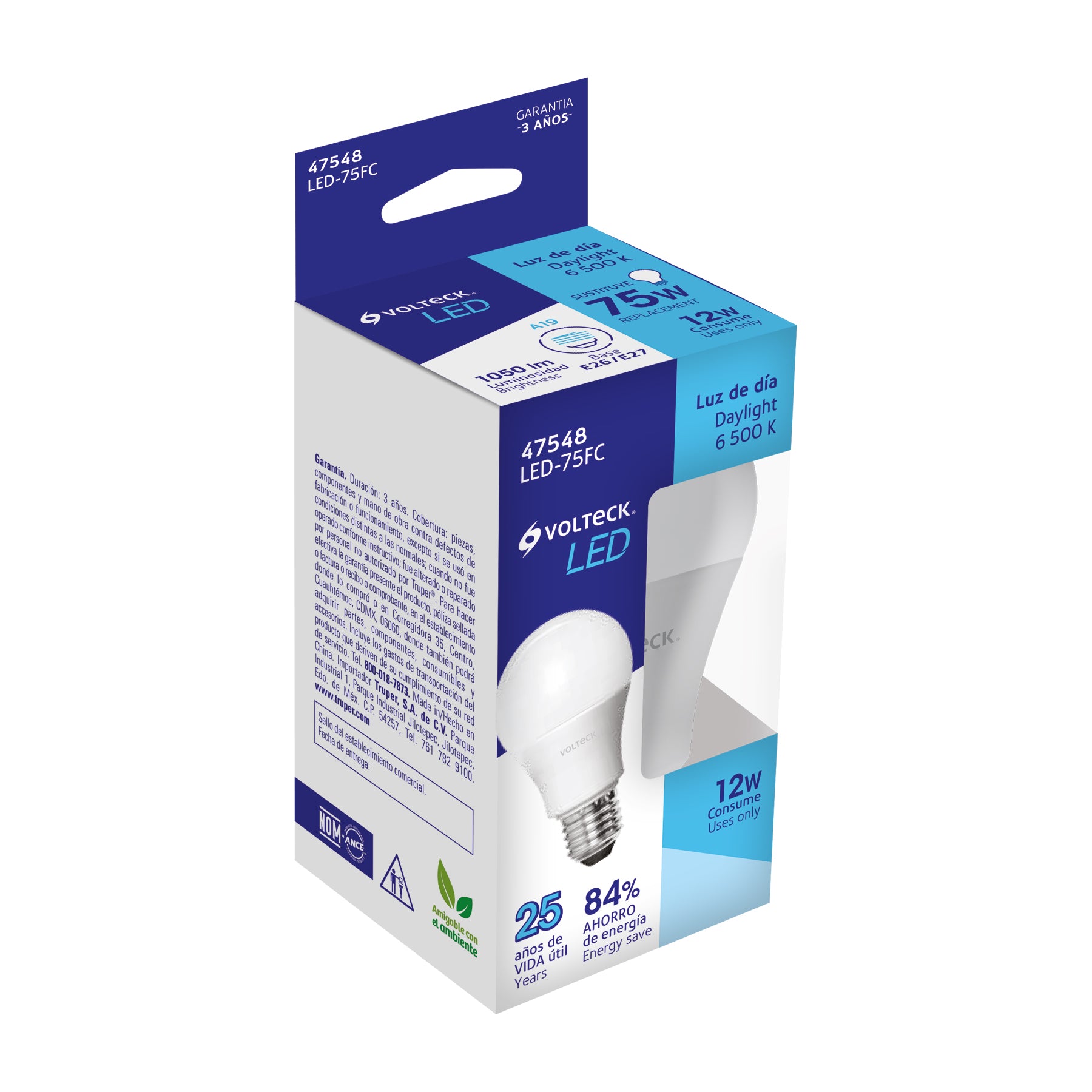 Lámpara LED A19 12 W (equiv. 75 W), luz de día, caja Volteck | LED-75FC | 47548