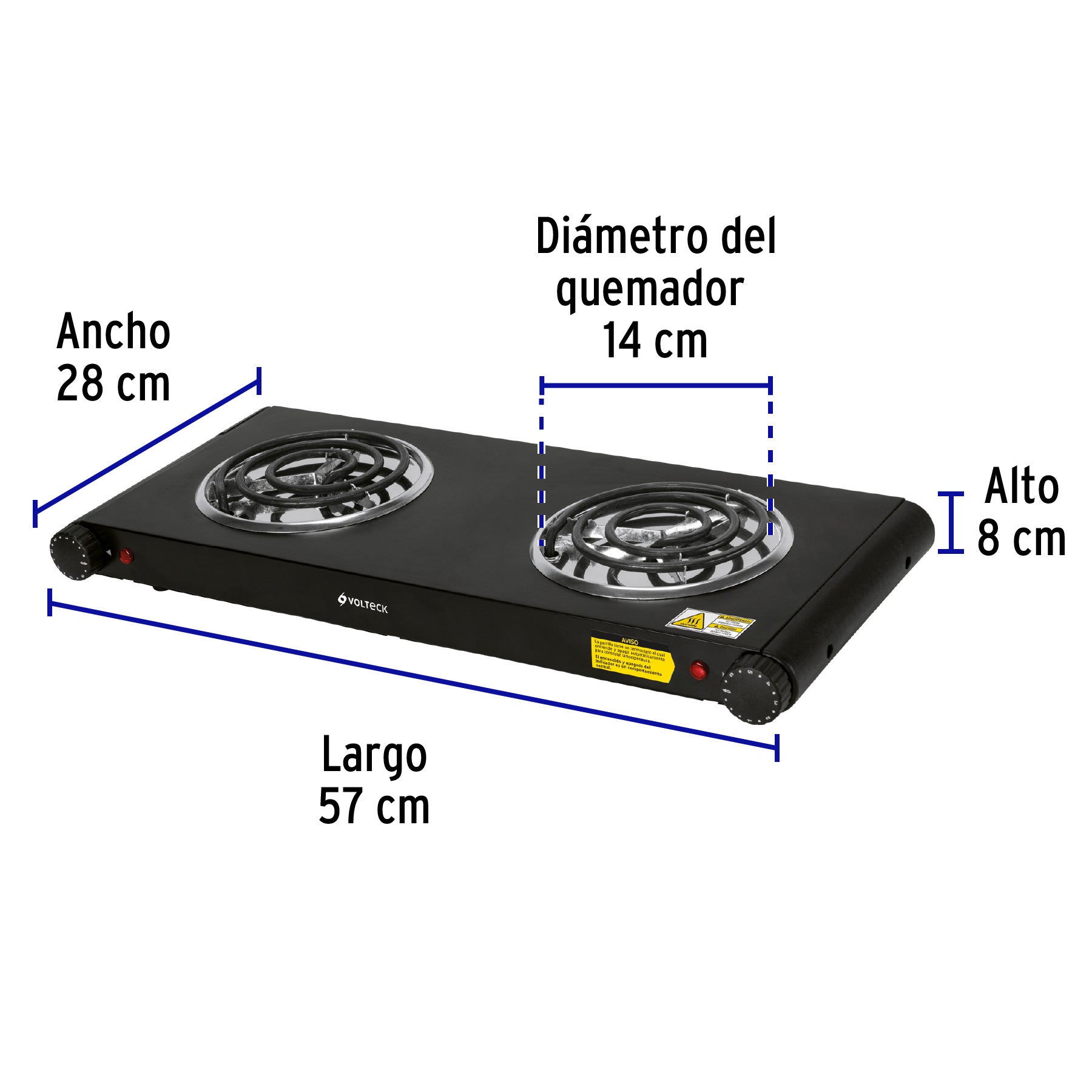 Parrilla eléctrica 2 quemadores en espiral, negra, VOLTECK | PAEL-2CN | 47555