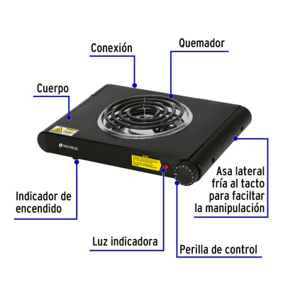 Parrilla eléctrica 1 quemador espiral, negra, VOLTECK | PAEL-1CN | 47556