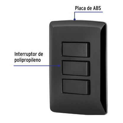 Placa armada 3 interruptores sencillos,negro, línea Italiana | PA-APTR-IN | 47595