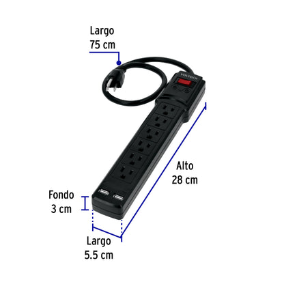Multicontacto 14 AWG 6 ent., sup. de picos 450 joules, negro | MUL-645N | 47804